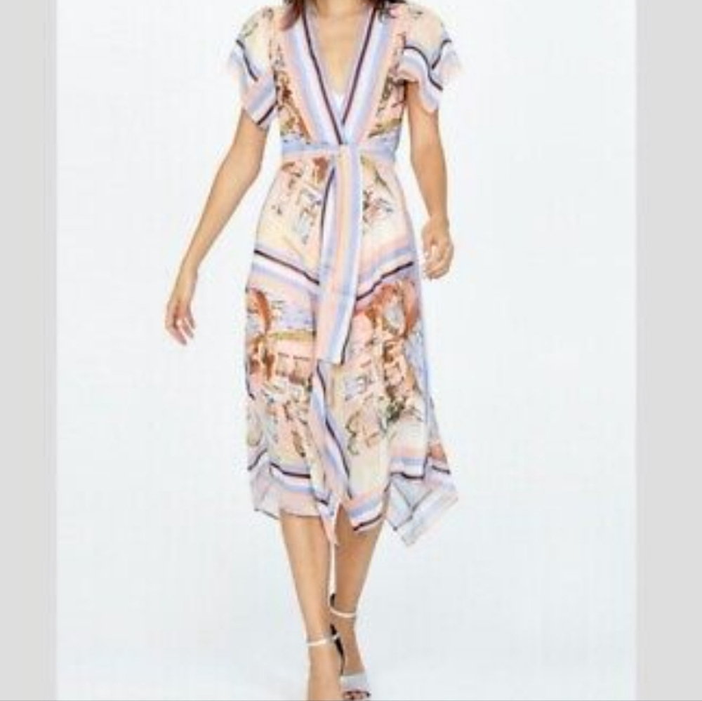 Amanda Uprichard (Size L) Multicolored Venetian Print Semi-Sheer Belted Dress